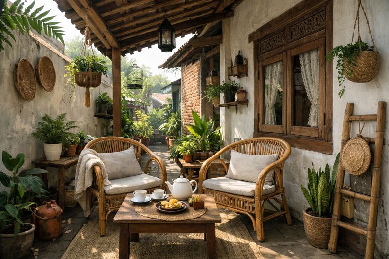 Teras rumah kampung di lahan sempit jadi ruang santai nyaman untuk pagi hari.