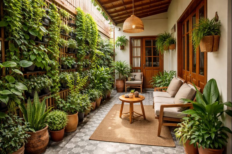 Teras rumah kampung di lahan sempit dengan tanaman vertikal yang menjaga udara teras tetap segar.
