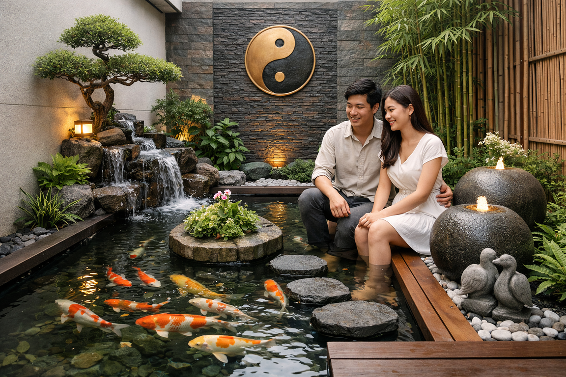 Kolam ikan minimalis feng shui 2026 sebagai simbol pertumbuhan bersama pasangan muda.