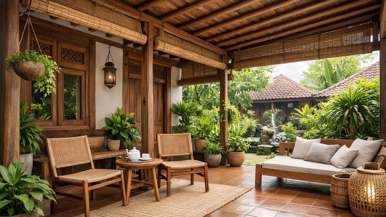 Teras rumah kampung rapi dengan material alami, furnitur ramping, dan tanaman hijau yang menciptakan suasana sejuk.