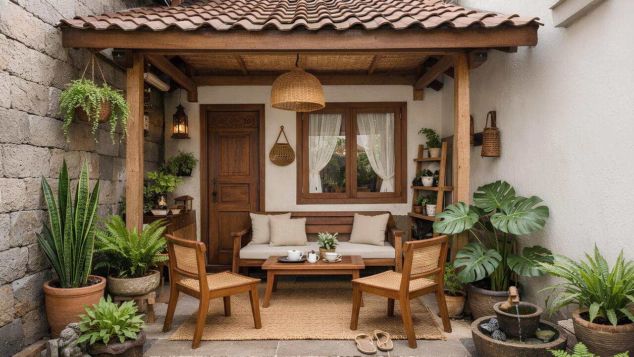Teras rumah kampung kecil dengan bangku kayu, warna terang, dan tanaman hijau yang menghadirkan rasa tenang.