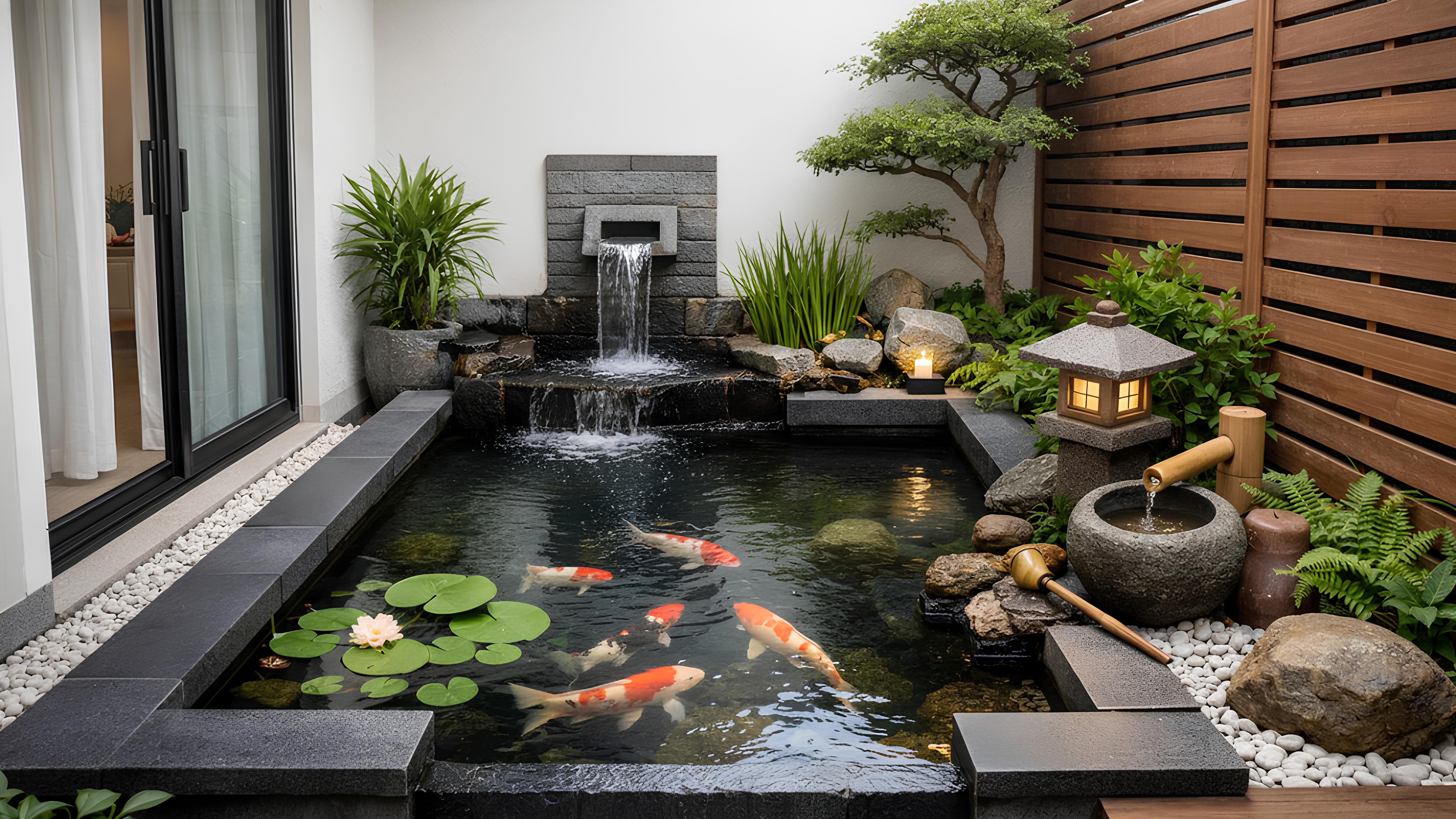 Kolam ikan minimalis feng shui 2026 di rumah pertama pasangan muda dengan desain sederhana dan suasana tenang.