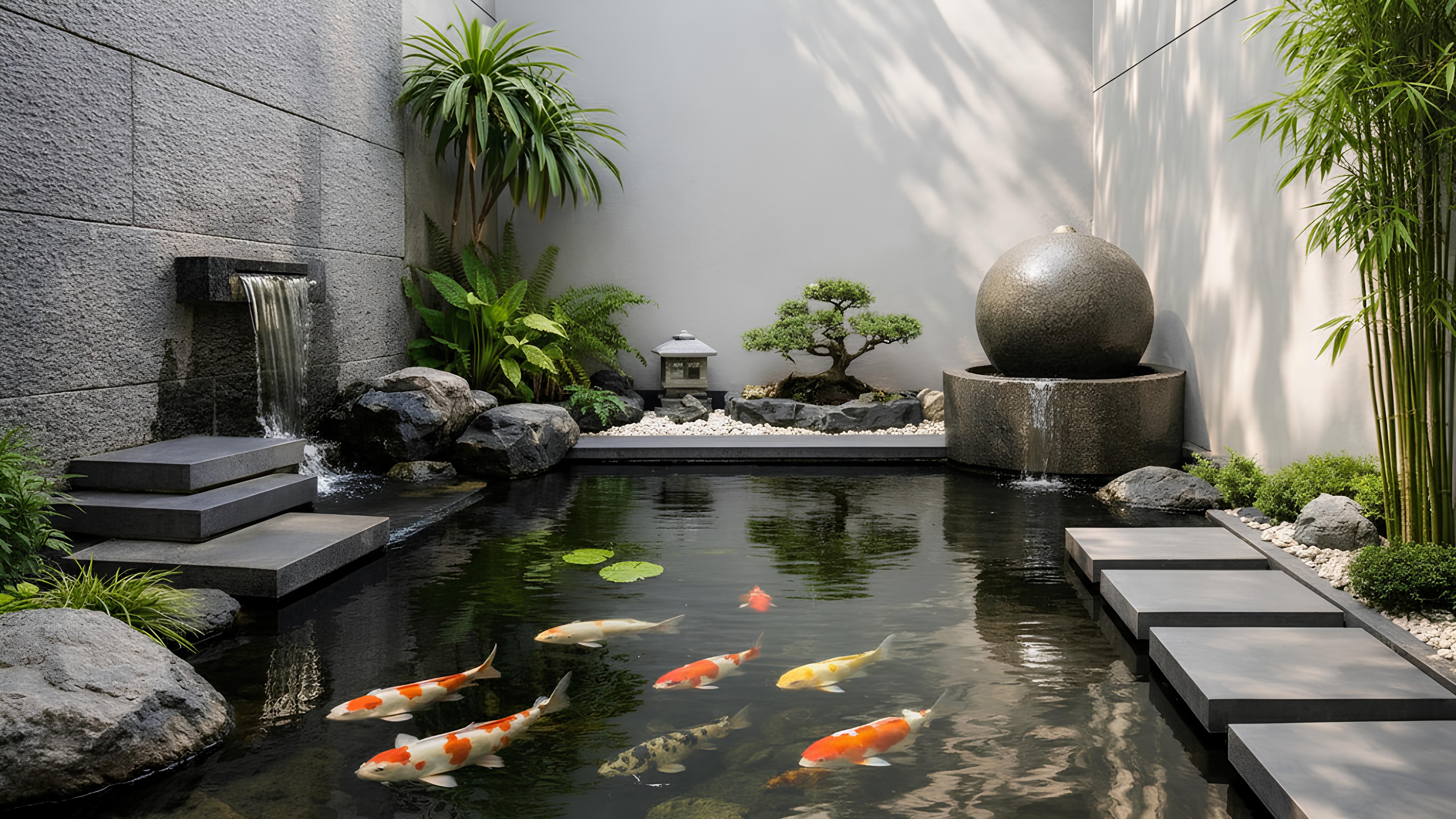 Kolam ikan minimalis feng shui 2026 di lahan sempit dengan cahaya alami dan air tenang.
