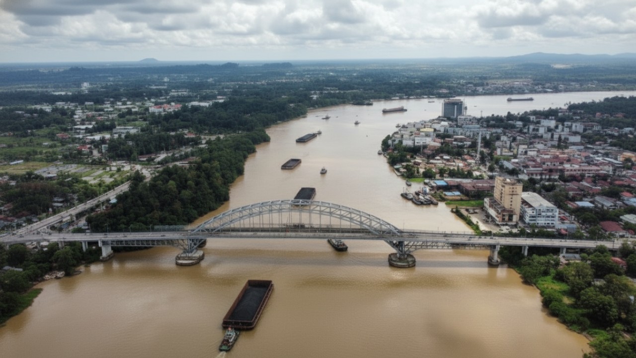Sungai Mahakam. Potensi PAD Aktivitas kapal tunda dan tongkang melintasi Sungai Mahakam dengan latar jembatan sebagai jalur vital perekonomian Kaltim.