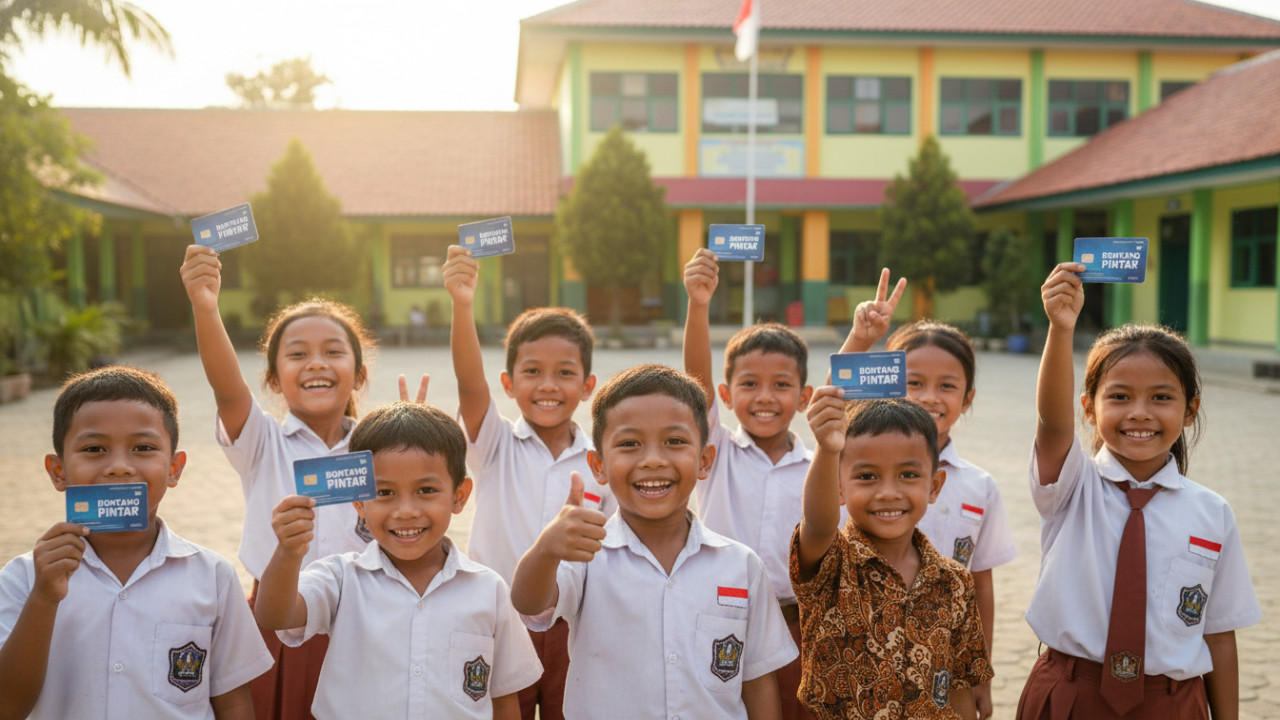 Ilustrasi pelajar SD Bontang bahagia dengan wajah ceria menunjukkan Kartu Bontang Pintar