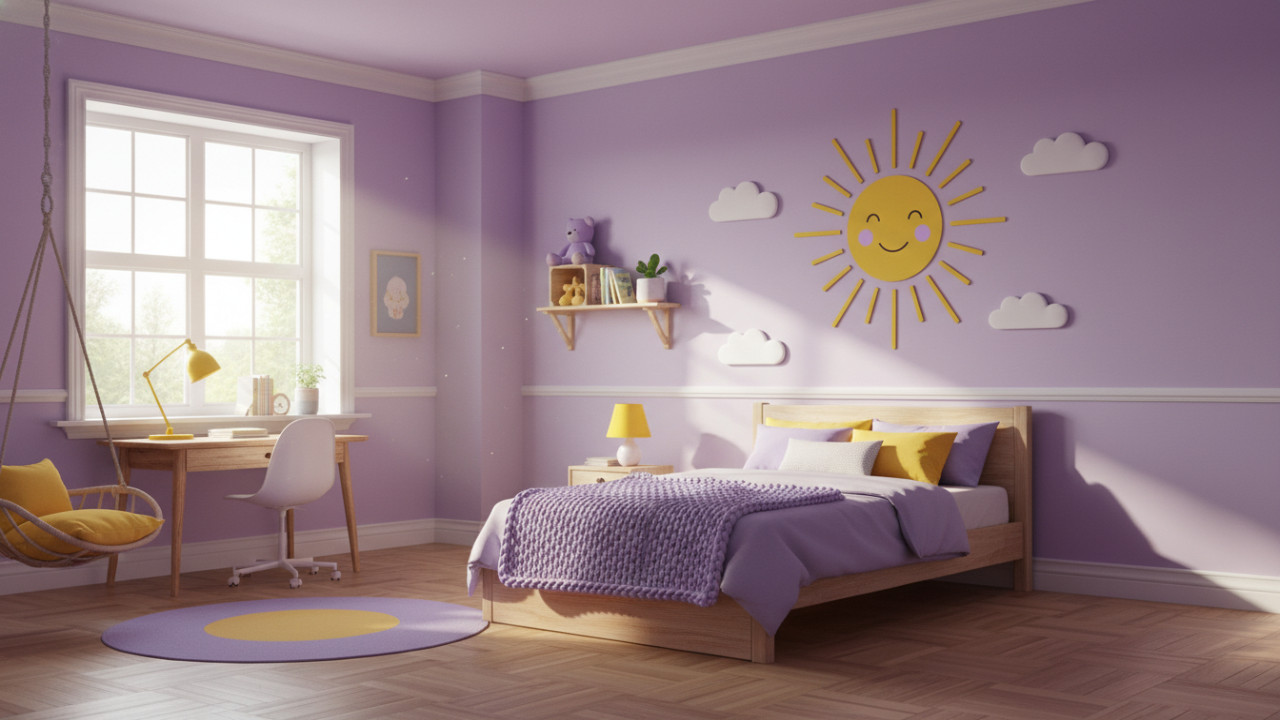 Kamar Anak dengan cat warna ungu dan kombinasi warna kuning membuat nuangsa ceria