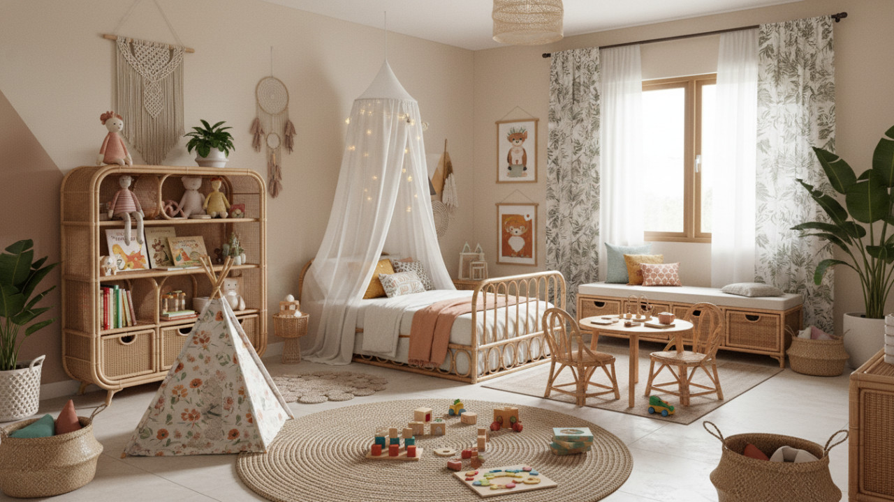 Kamar anak wanita dengan Gaya bohemian