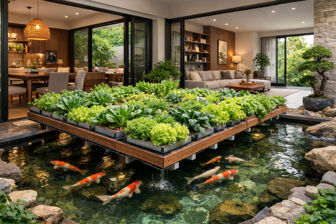 Kolam ikan akuaponik minimalis menyatu dengan interior rumah modern, menghadirkan suasana tenang, rapi, dan seimbang secara visual maupun psikologis.