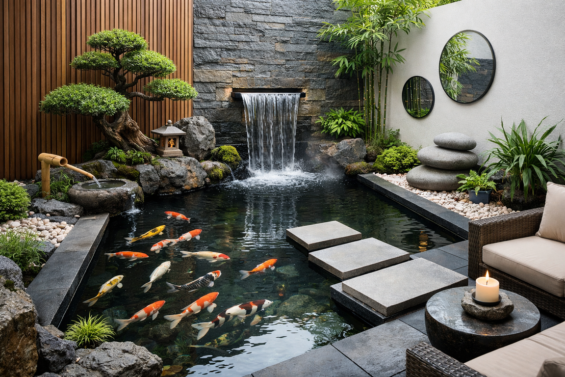 Elemen air kolam ikan minimalis feng shui 2026 untuk komunikasi dan keseimbangan relasi.