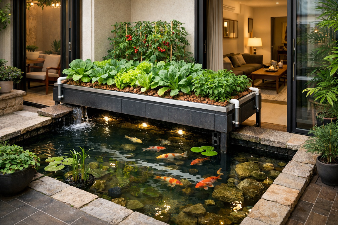 Kolam ikan akuaponik minimalis sebagai elemen transisi ruang rumah.