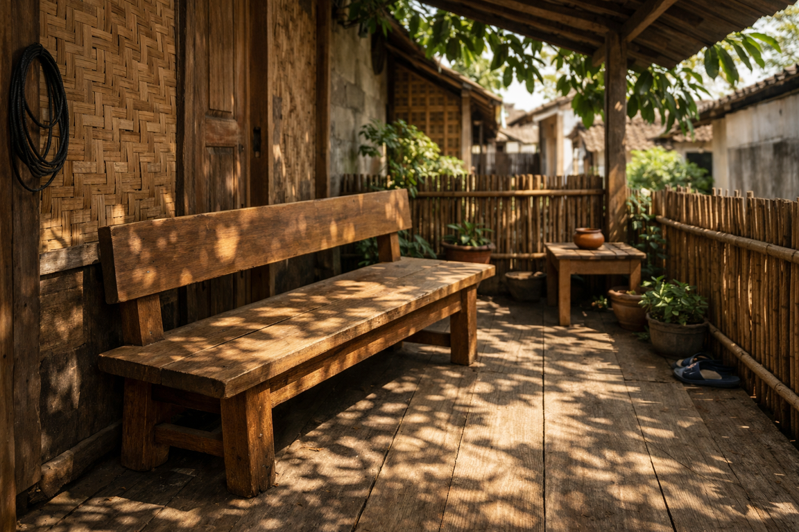 Teras rumah kampung sederhana di lahan sempit dengan bangku kayu hangat, berpadu bayangan daun dan pagar bambu yang menenangkan.