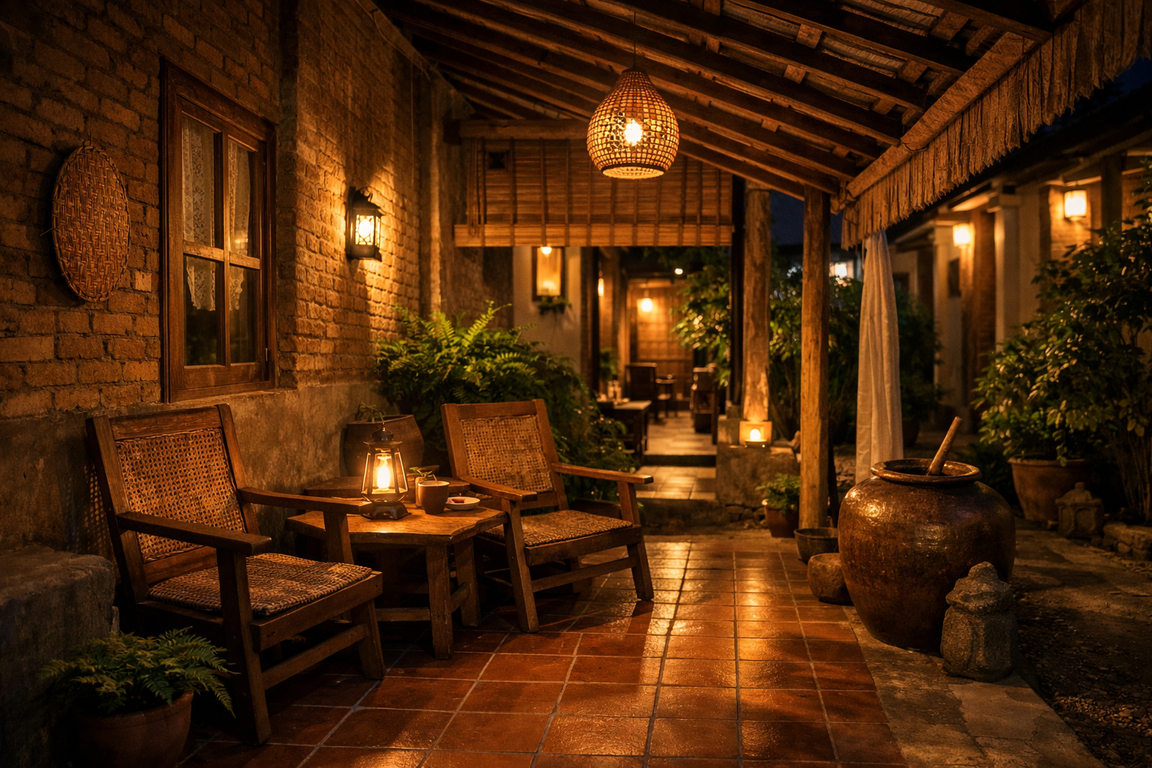 Teras rumah kampung di lahan sempit dengan cahaya malam yang hangat dan tenang, nyaman sebagai ruang singgah sebelum masuk rumah.