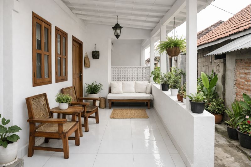 Teras rumah kampung di lahan sempit dengan dominasi warna putih, furnitur kayu sederhana, dan tanaman hijau yang memberi kesan sejuk, rapi, dan luas.