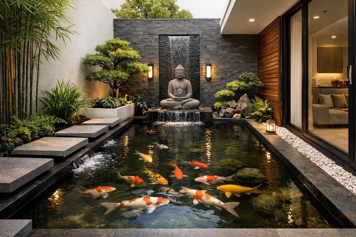 Desain kolam ikan minimalis feng shui 2026 yang mendukung ketenangan rumah baru.