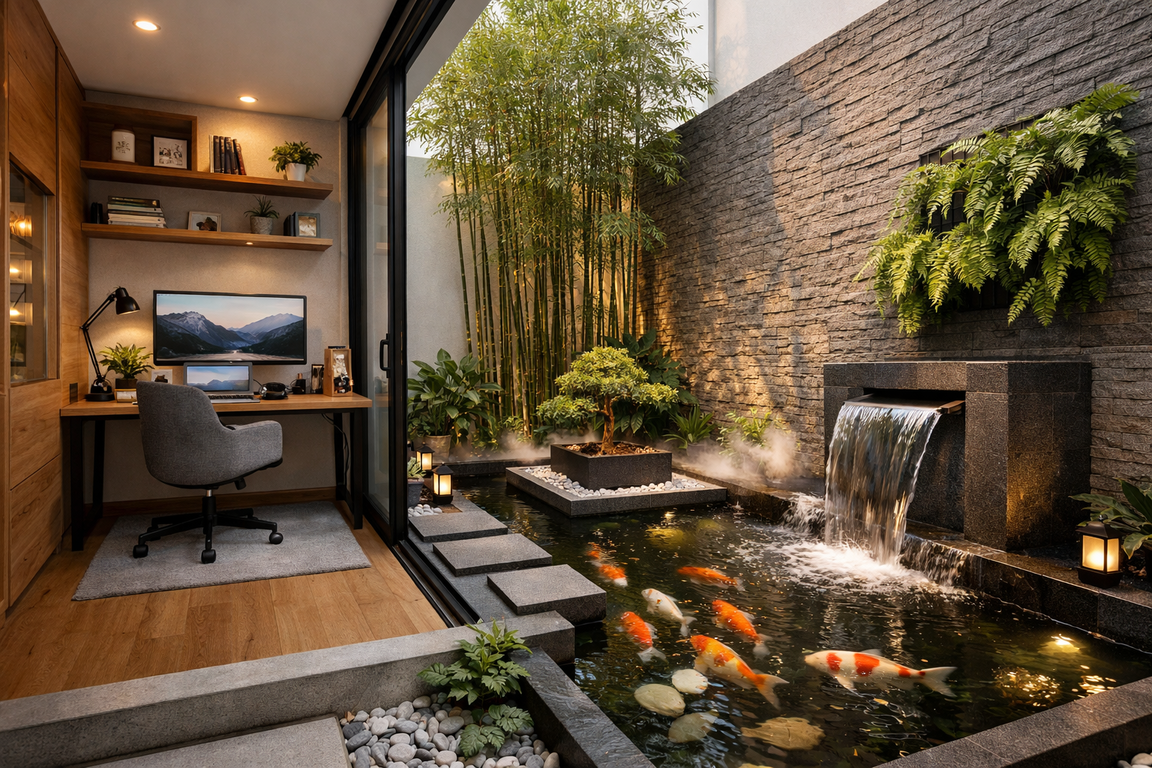 Ruang kerja rumah modern dengan aliran energi dari kolam ikan minimalis feng shui 2026.