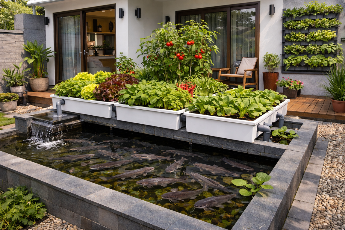 Rumah kecil terasa hidup dengan sistem kolam ikan akuaponik minimalis.