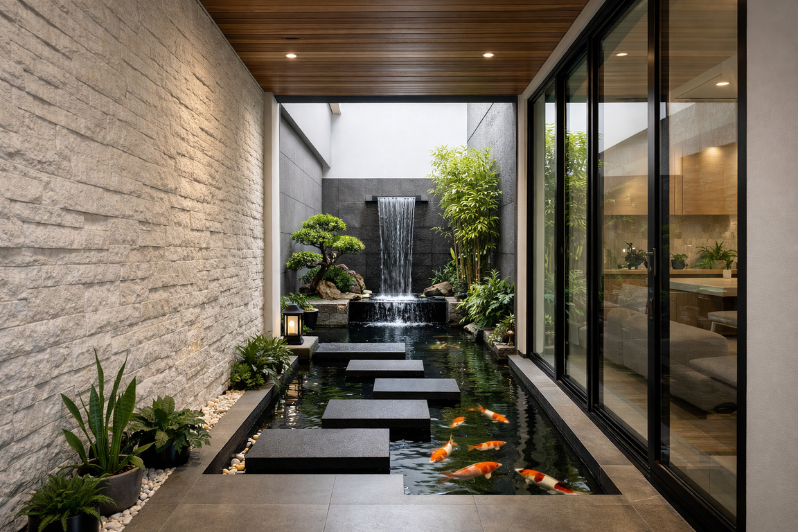 Koridor rumah dengan pandangan langsung ke kolam ikan minimalis feng shui 2026.