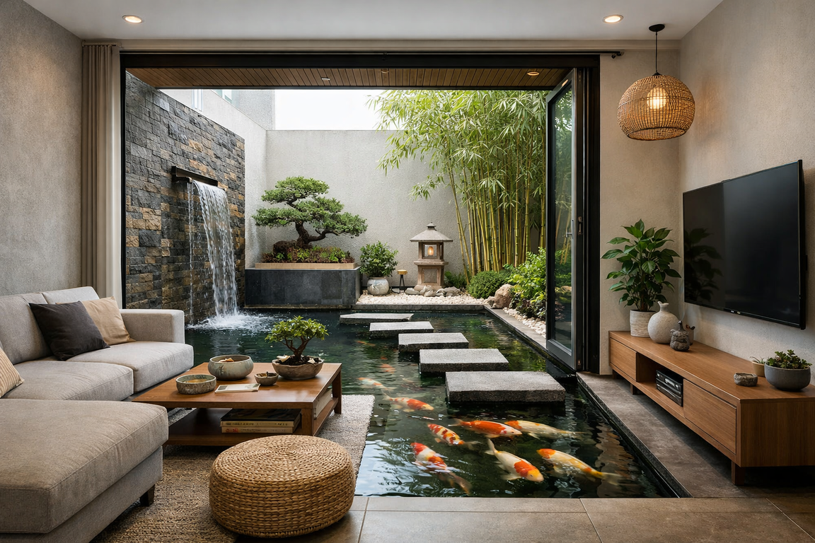 Ruang keluarga terhubung visual dengan kolam ikan minimalis feng shui 2026.
