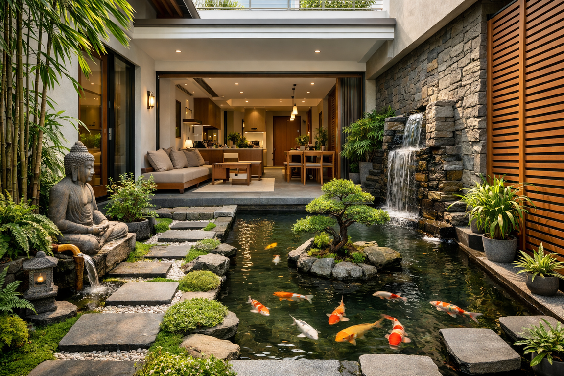 Tata letak rumah dengan kolam ikan minimalis feng shui 2026 yang terhubung langsung dari area halaman menuju ruang dalam.
