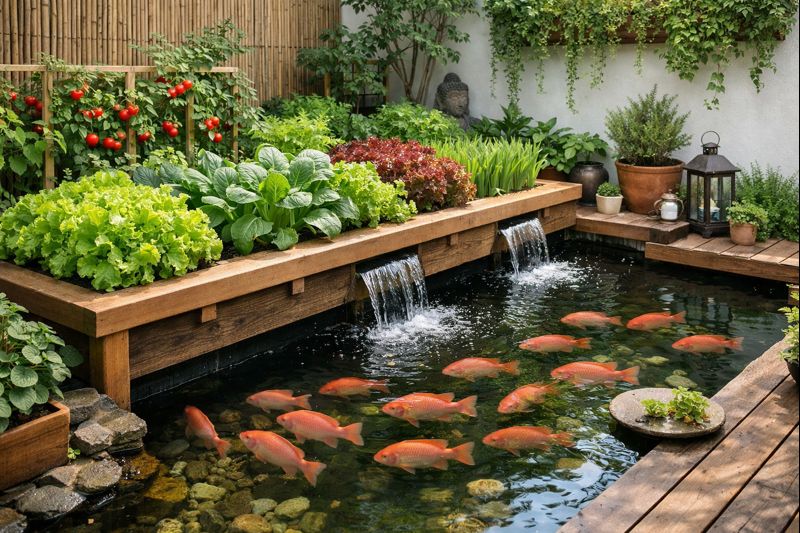 Tampilan kolam ikan akuaponik minimalis 2026 yang estetik tanpa kesan teknis.