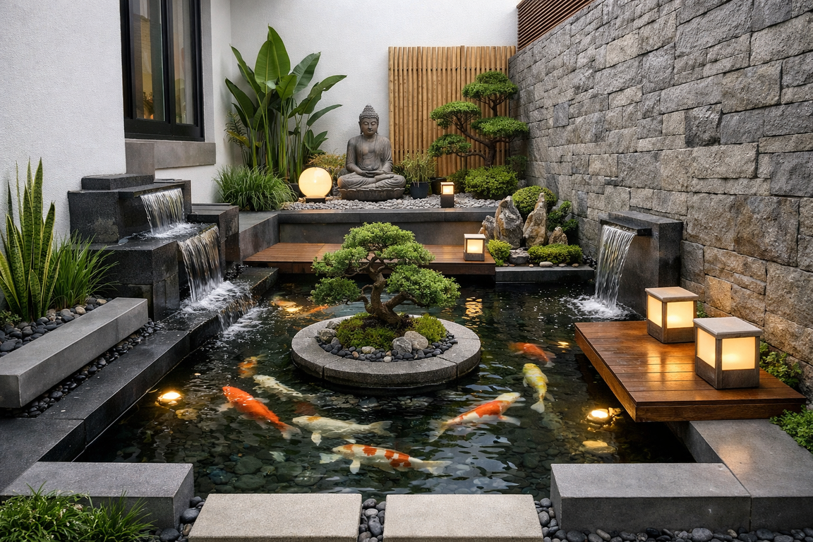 Desain kolam ikan minimalis feng shui 2026 di rumah modern.