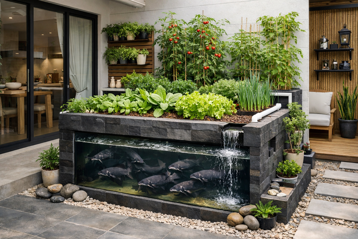 Desain kolam ikan akuaponik minimalis 2026 yang menyatu dengan elemen hunian.