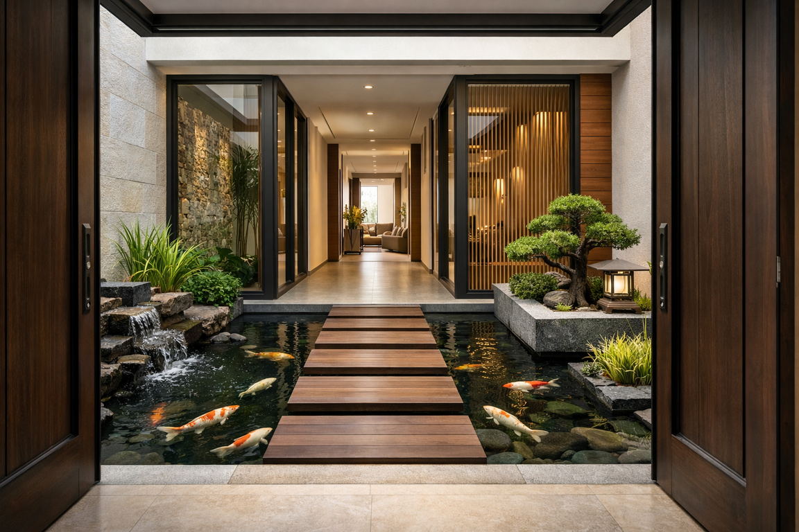 Kolam ikan minimalis feng shui 2026 dengan tampilan yang terlihat dari pintu utama rumah.