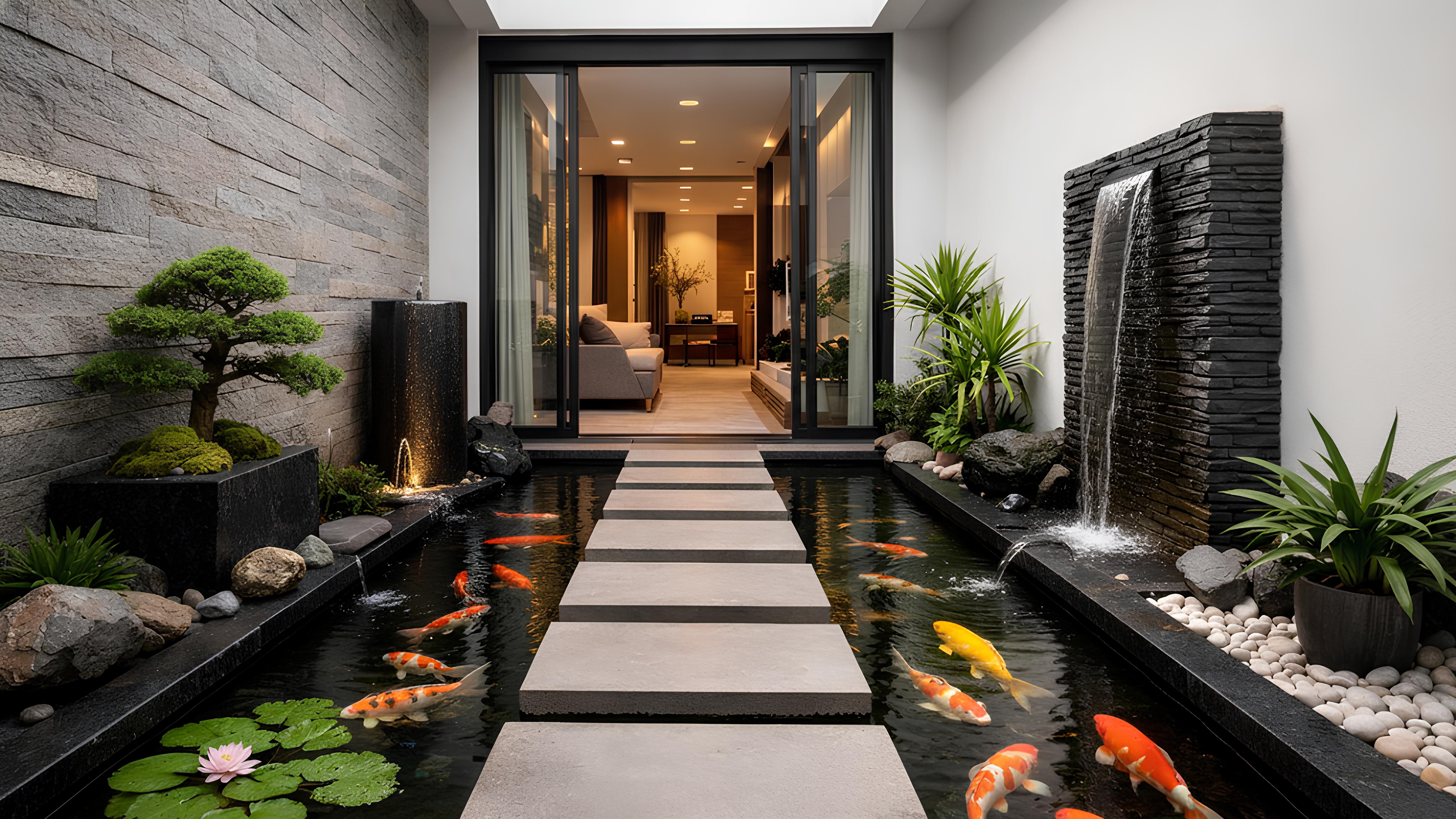 Kolam ikan minimalis feng shui 2026 di halaman dengan visual line menuju ruang dalam rumah modern.