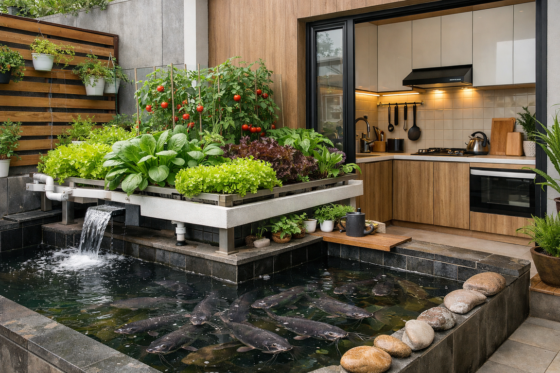 Kolam ikan akuaponik minimalis menyatu dengan sudut dapur rumah kecil yang tampak rapi dan modern.