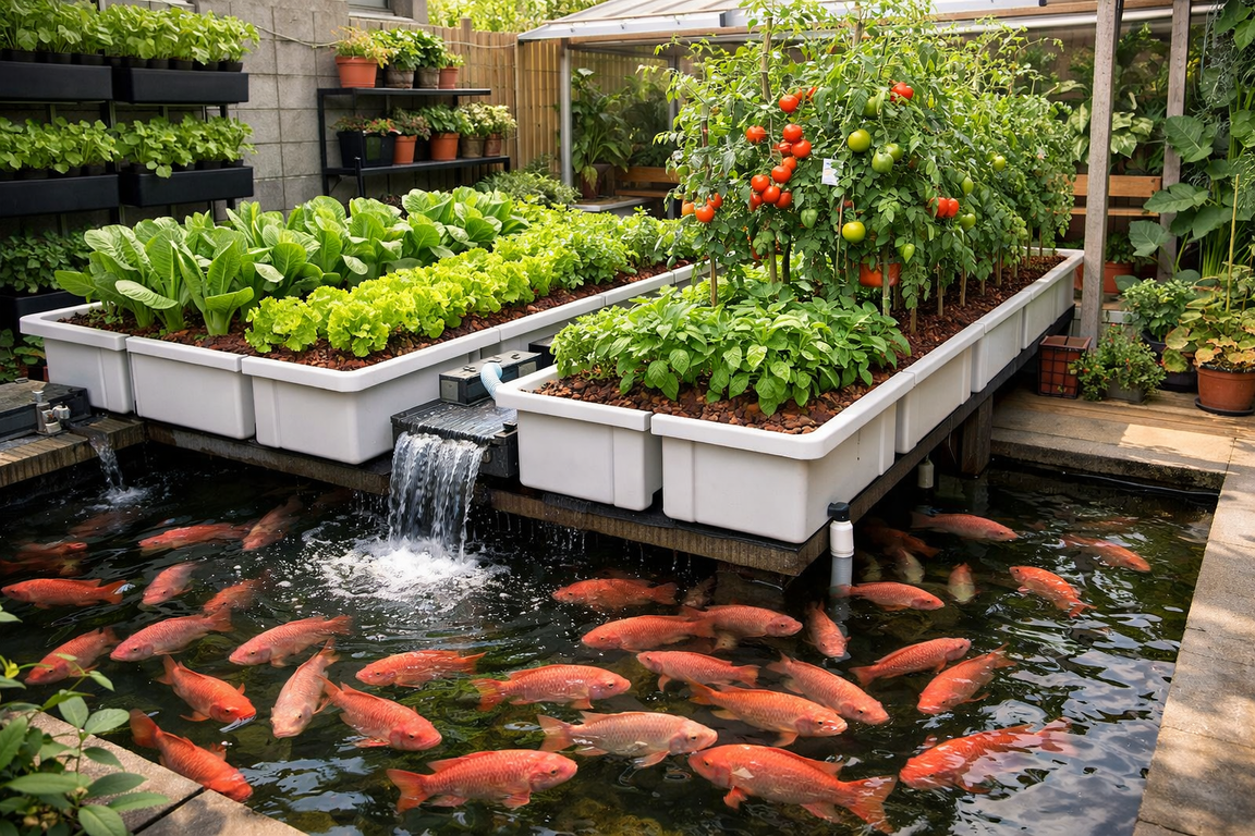 Kombinasi ikan dan tanaman yang efisien di sistem akuaponik lahan sempit.