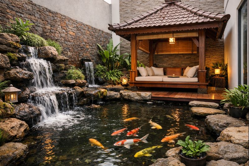Kolam ikan berkonsep alami dengan tekstur batu dan gazebo kayu di lahan sempit rumah minimalis.