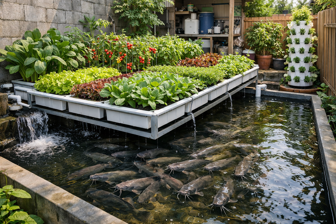Sistem kolam ikan akuaponik minimalis 2026 pasif yang tetap produktif harian meski di lahan sempit.