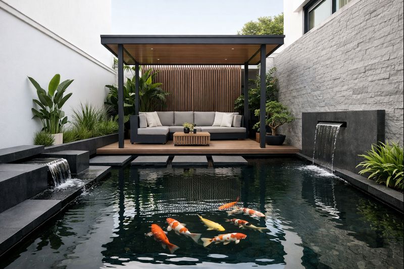 Kolam ikan dengan gazebo di lahan sempit rumah minimalis bergaya modern.