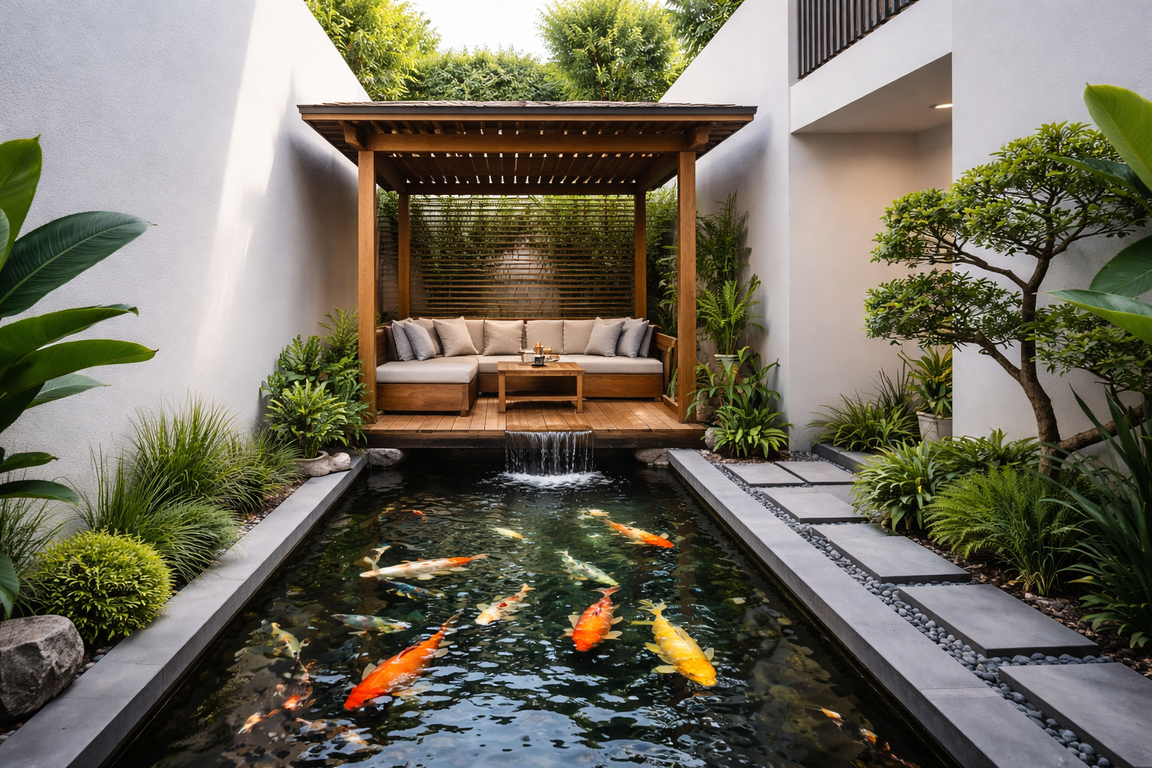 Kolam ikan dengan gazebo konsep linear minimalis.