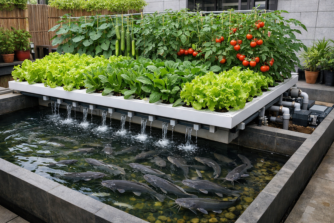 Integrasi tanaman sayur dan kolam ikan yang efisien dalam konsep kolam ikan akuaponik minimalis 2026 di lahan sempit.