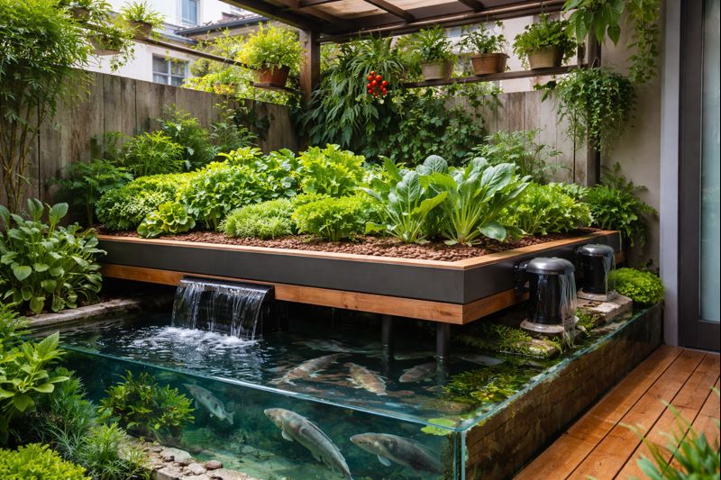 Sudut kolam ikan akuaponik minimalis 2026 sebagai elemen visual rumah urban kecil.