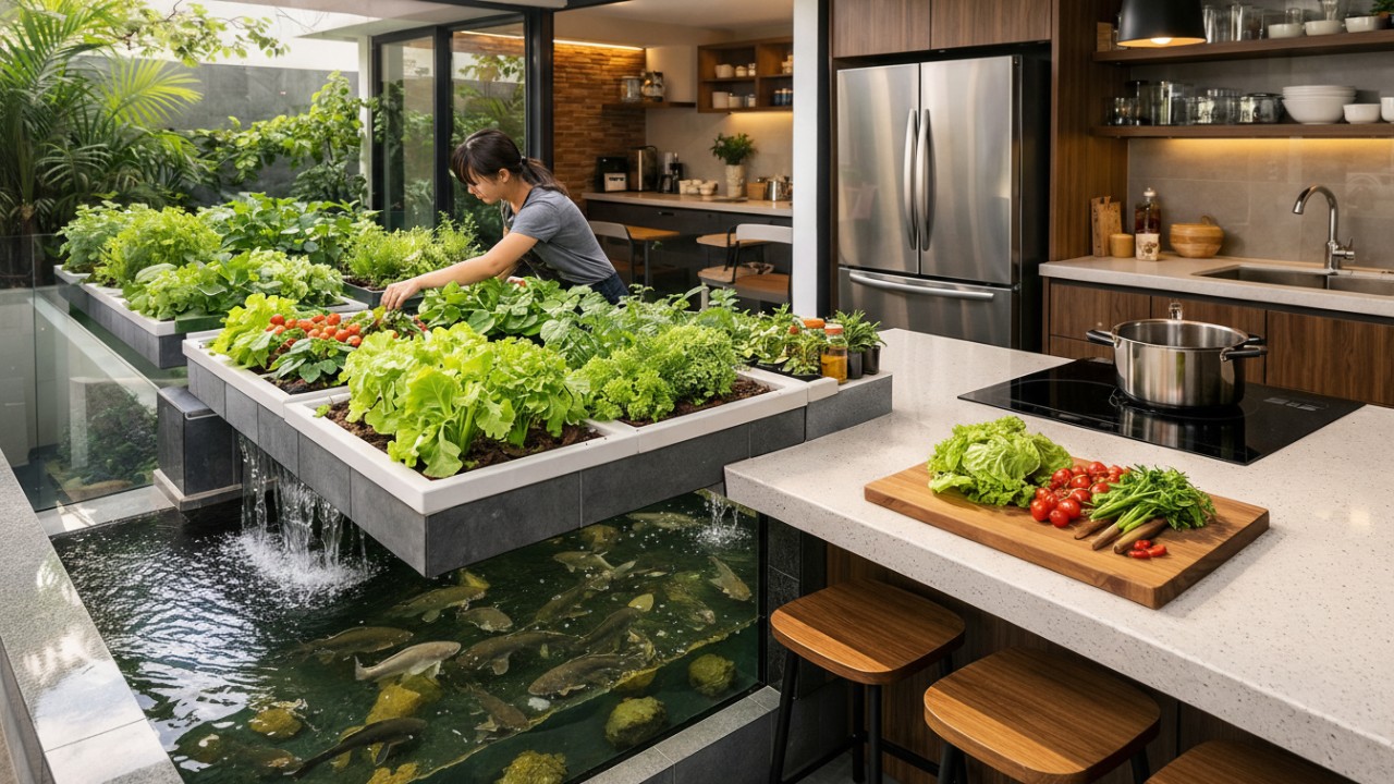 Momen memetik sayur segar langsung dari kolam ikan akuaponik minimalis dekat area masak.