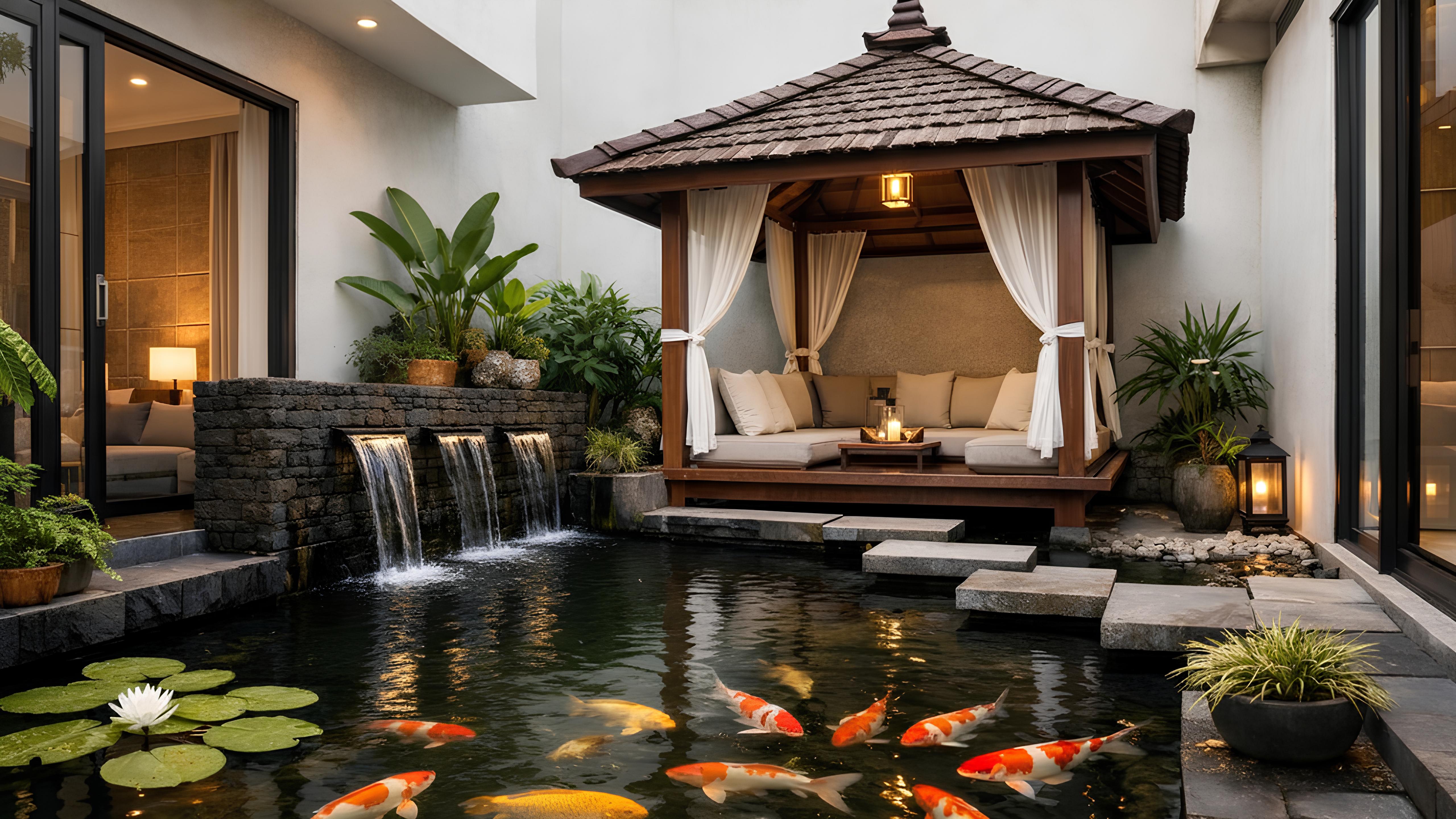 Kolam ikan dengan gazebo di lahan sempit rumah minimalis menghadirkan suasana pulang yang tenang dan reflektif.