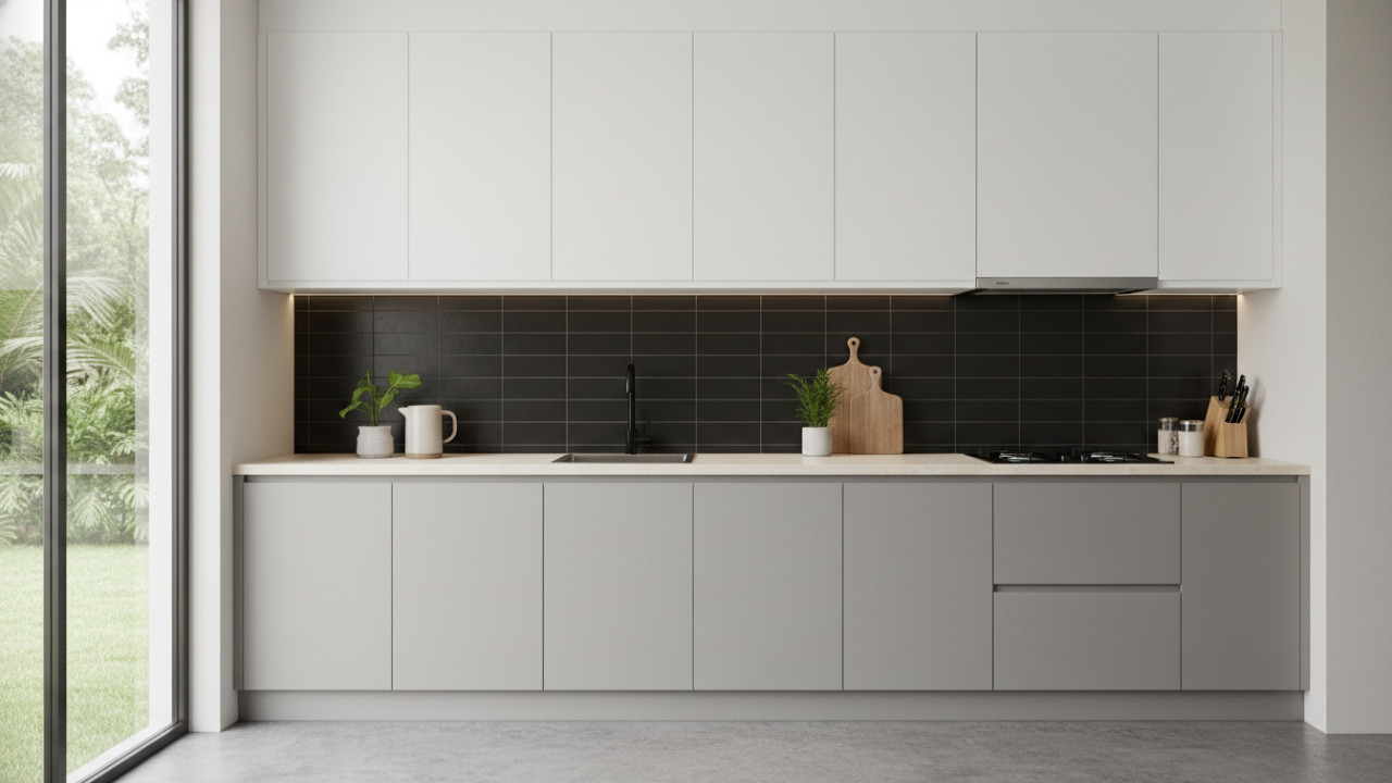 Kitchen set minimalis dengan kabinet tanpa gagang
