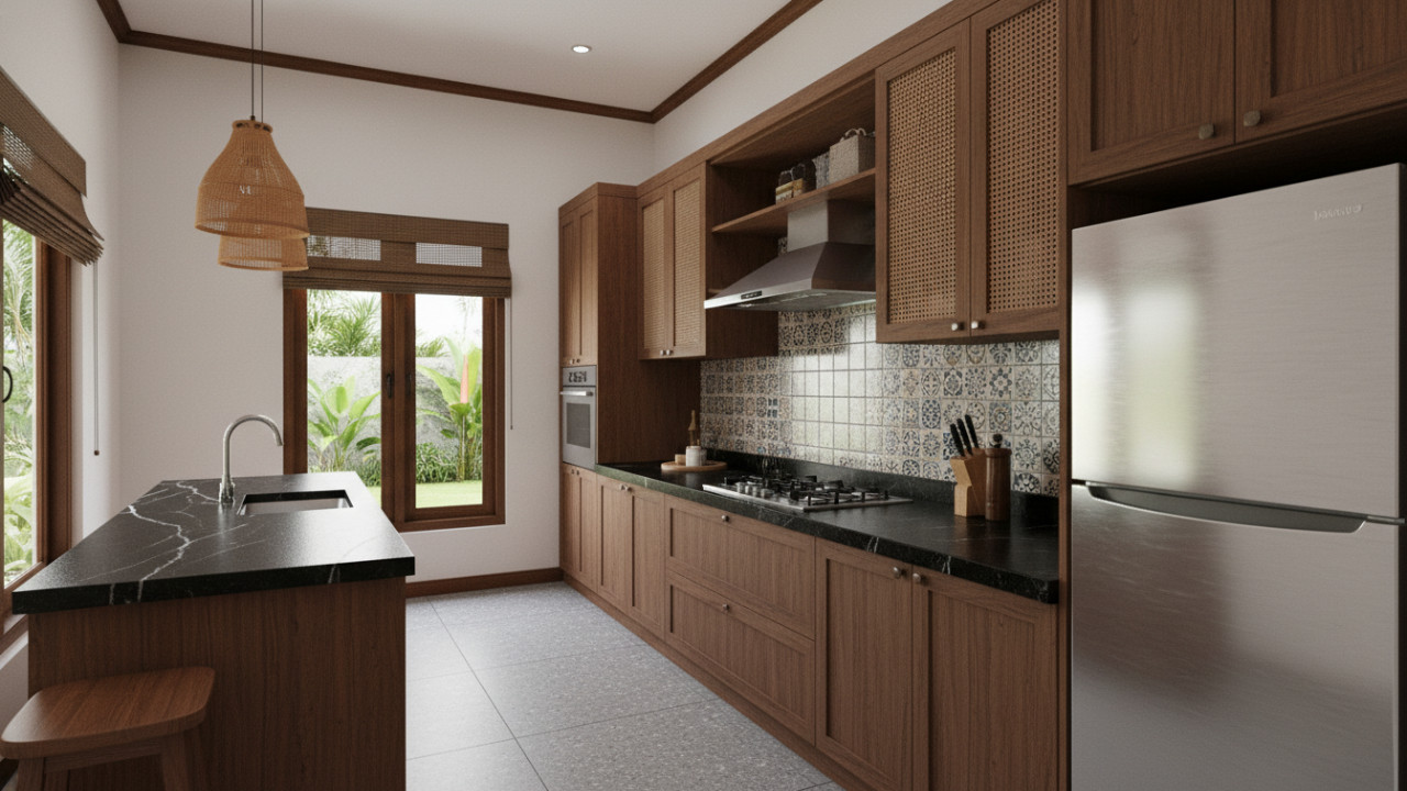 Kitchen set linear satu sisi dengan kabinet full tinggi jadi jawaban yang realistis.