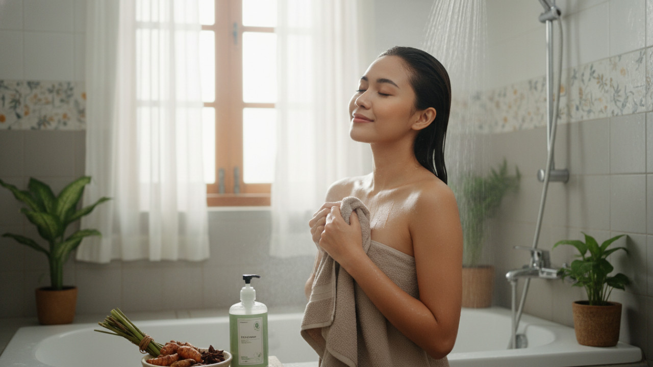 Rutinitas mandi dan pakaian menyerap keringat di rumah.