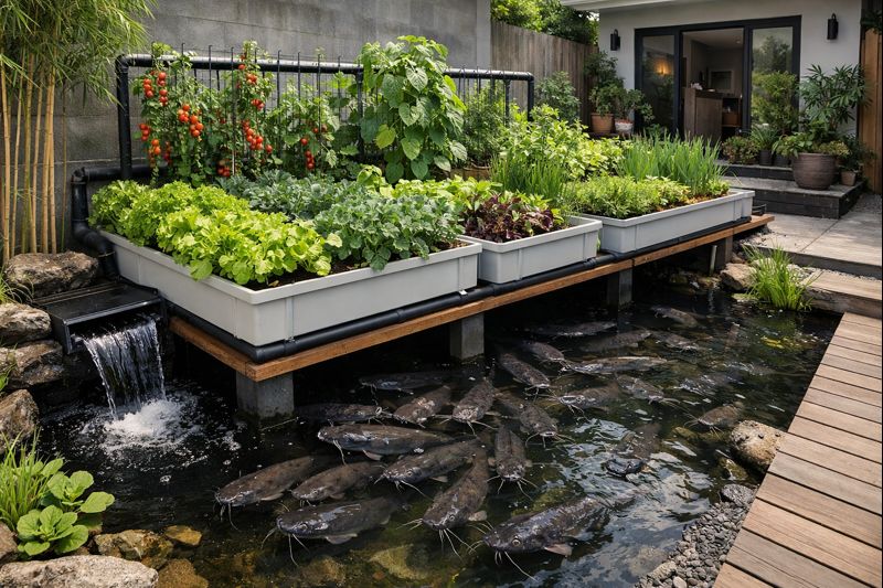 Desain kolam ikan akuaponik minimalis 2026 low-maintenance di lahan sempit.