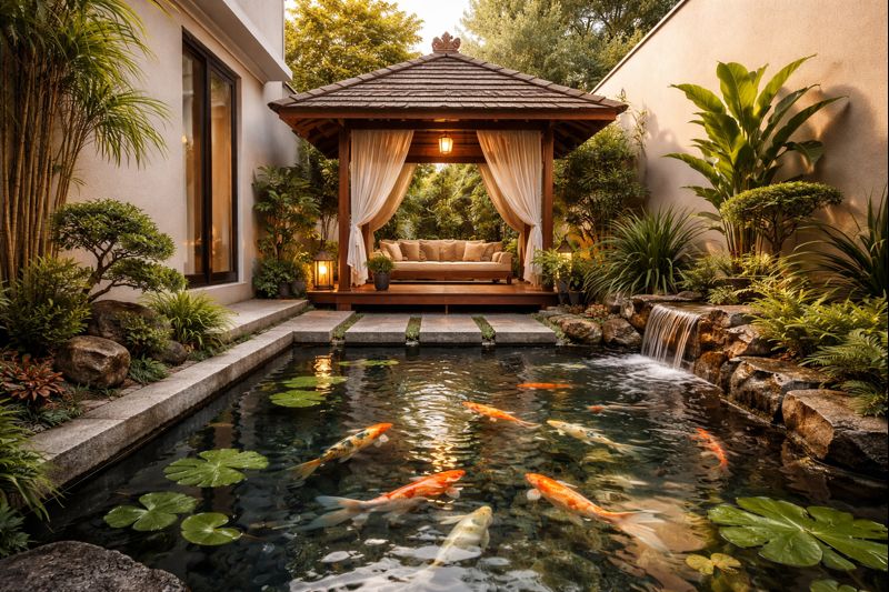 Kolam ikan dangkal dengan gazebo di lahan sempit rumah minimalis.