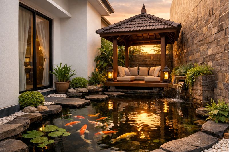 Kolam ikan dengan gazebo di sudut rumah minimalis.