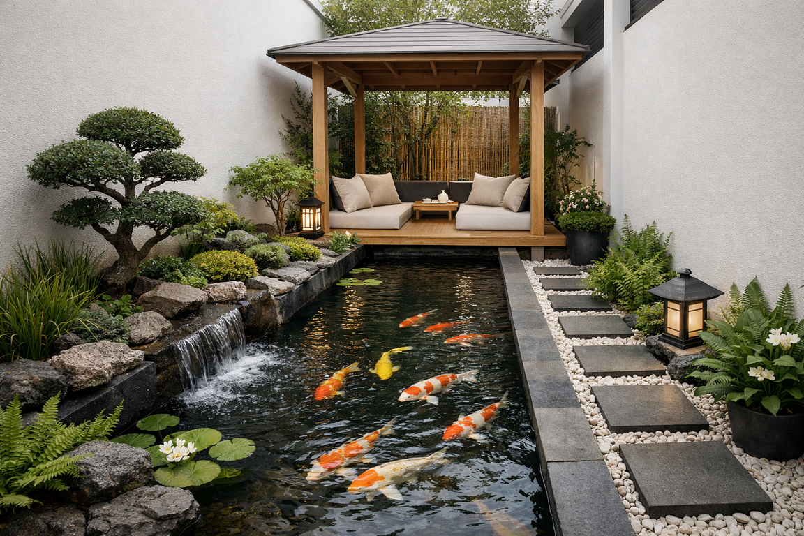Kolam ikan memanjang dengan gazebo ringan di lahan sempit rumah minimalis.
