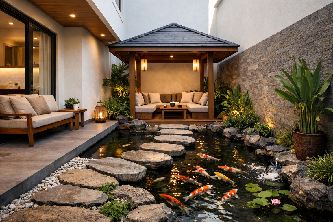 Kolam ikan dengan gazebo di lahan sempit model linear minimalis.