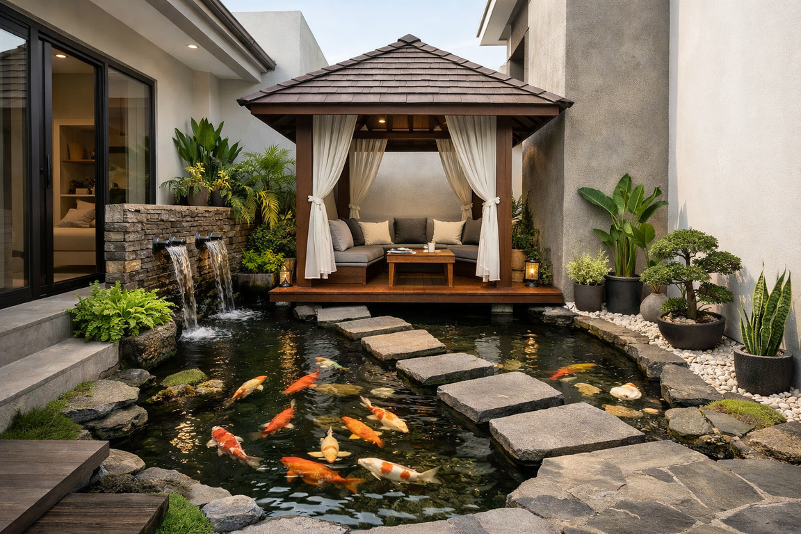 Kolam ikan dengan gazebo di lahan sempit rumah minimalis yang menonjolkan fleksibilitas.