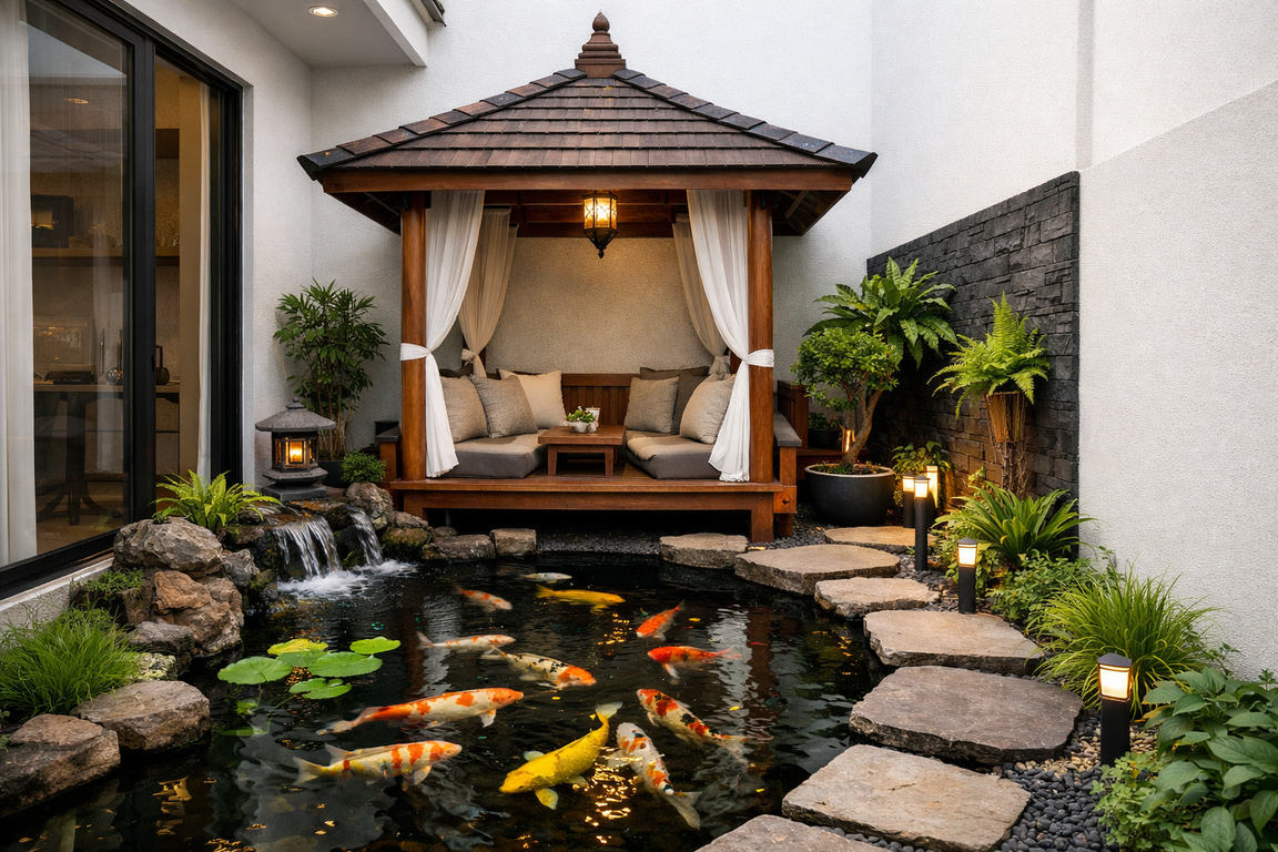 Kolam ikan dengan gazebo di sudut rumah minimalis.