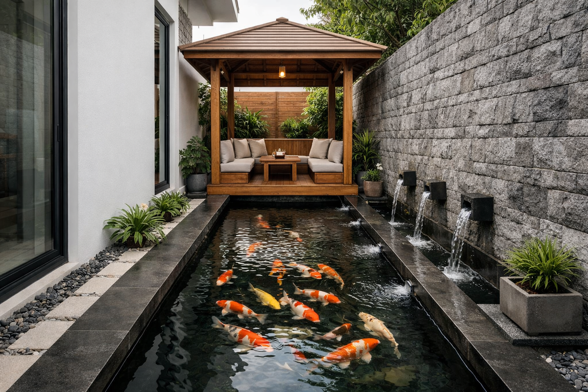 Kolam ikan dengan gazebo model linear.
