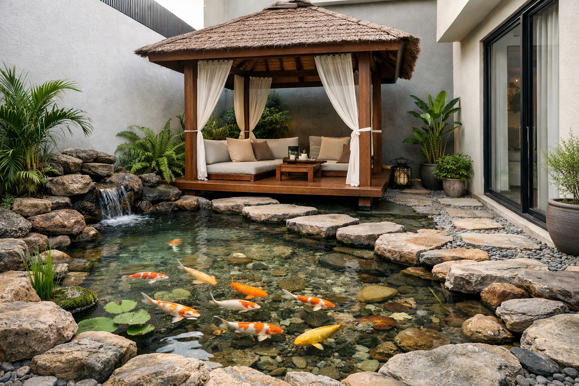 Kolam ikan dangkal bertekstur batu alami dengan gazebo terbuka di lahan sempit rumah minimalis.